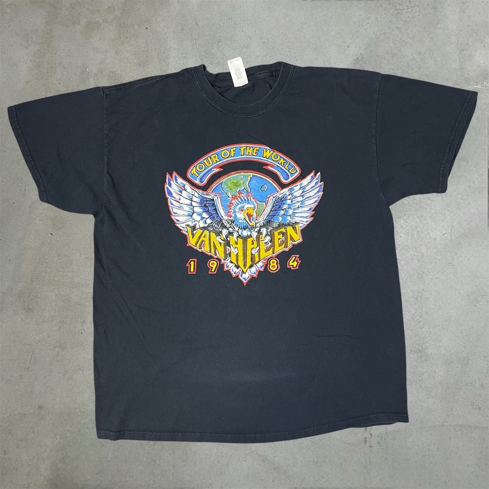Vintage Van Halen T-Shirt Mens XL Black Rock Band 1984 Tour World Graphic Tee